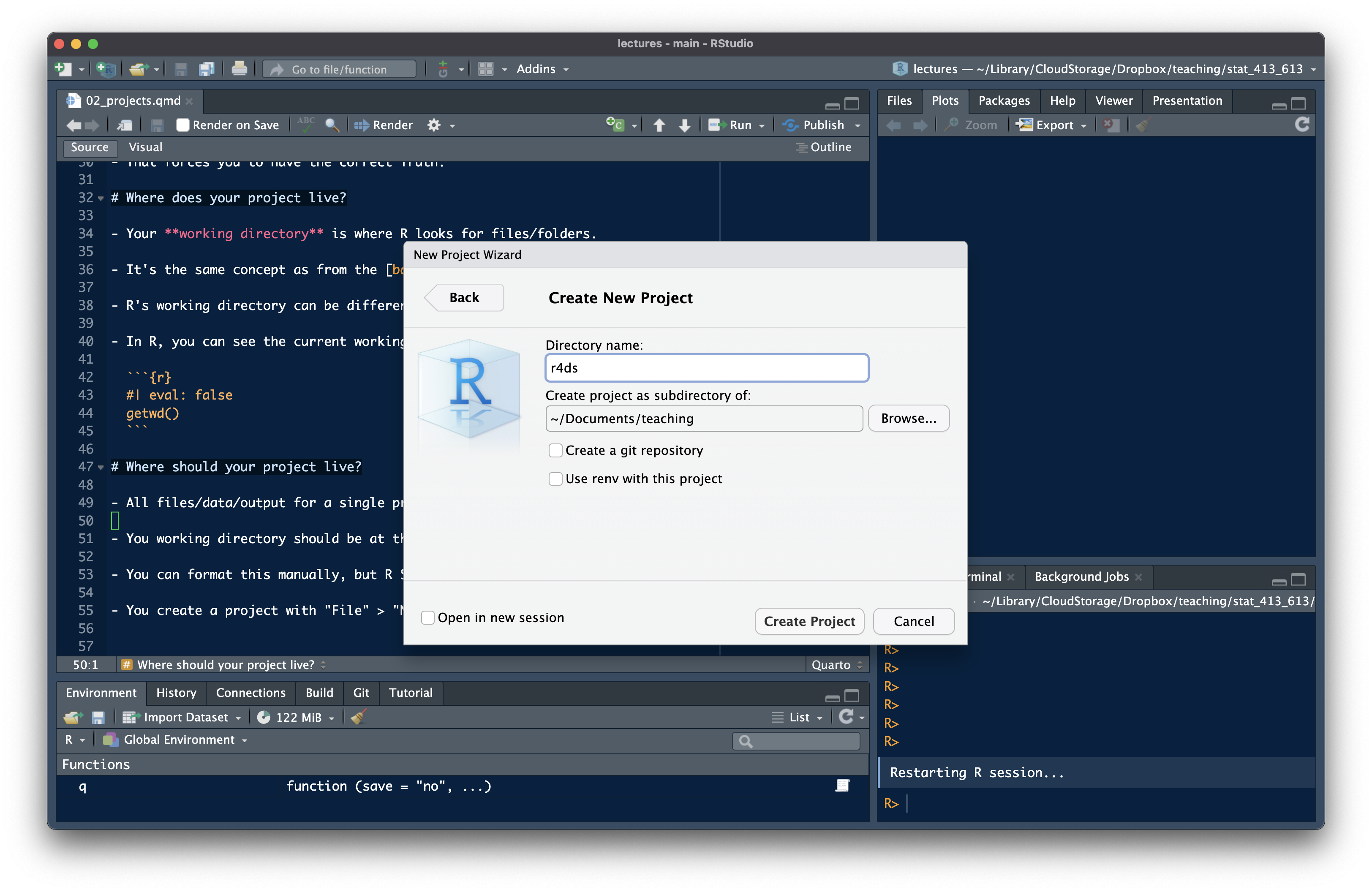New project screen